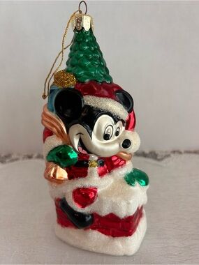 Vintage 1997 Disney Mickey Mouse Large 7" Glass Blown Ornament Chimney Santa